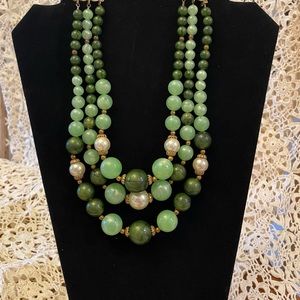 Three strand tiered vintage green beaded necklace